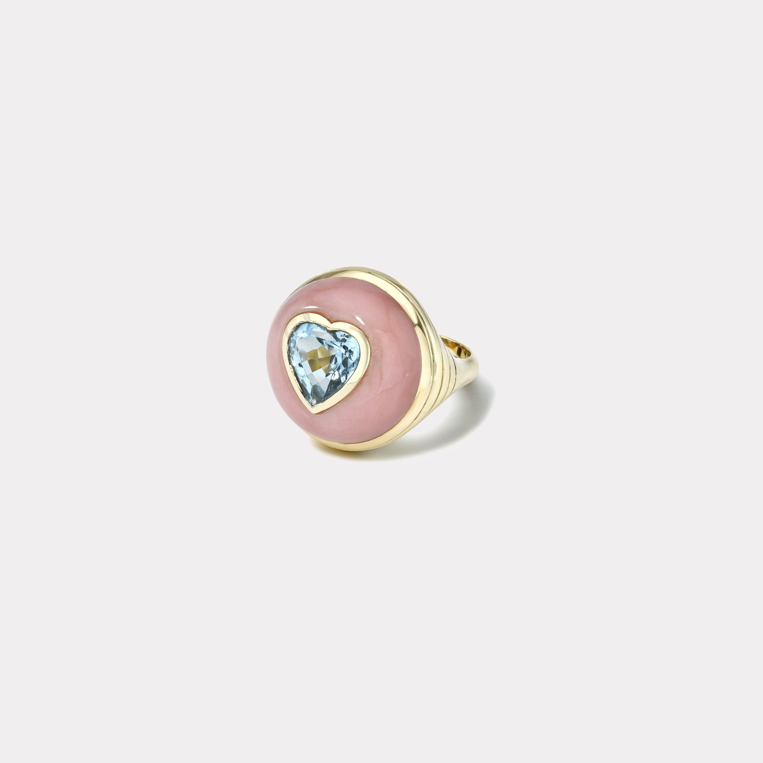 retrouvai Petite Lollipop Ring - 2.35ct Heart Aquamarine in Hand Carved Pink Opal