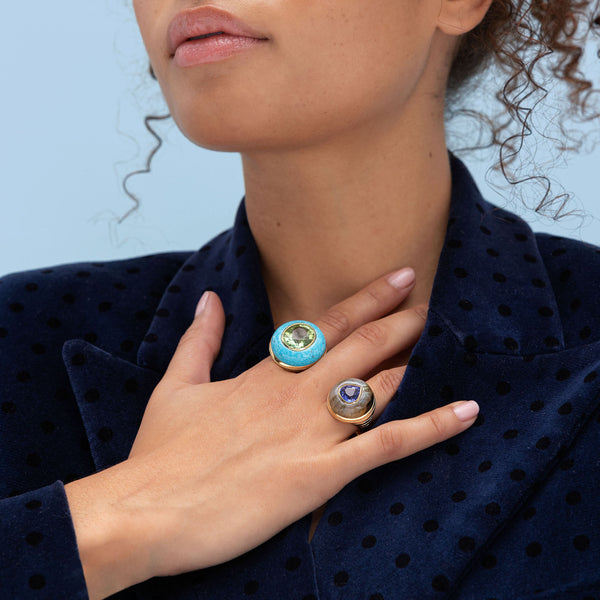 Retrouvai Petite Lollipop Ring - 2.38ct Pear Tanzanite In Hand Carved Labradorite