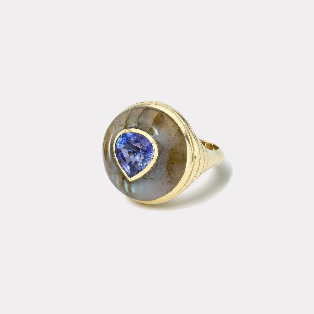 retrouvai Petite Lollipop Ring - 2.38ct Pear Tanzanite in Hand Carved Labradorite