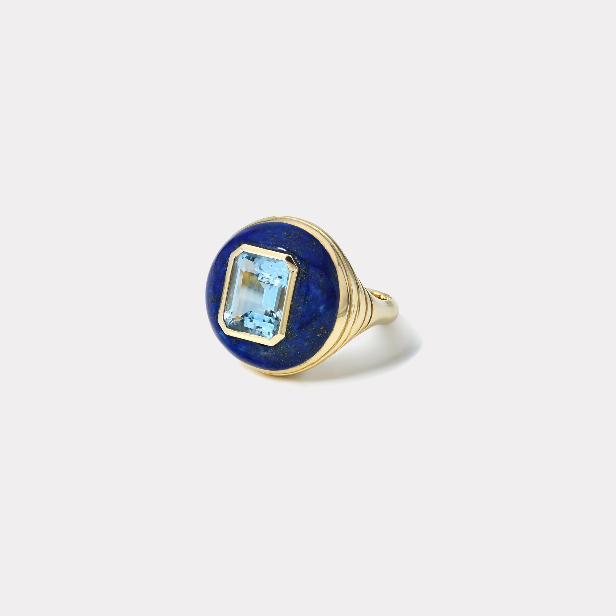 retrouvai Petite Lollipop Ring - 2.42ct Emerald Cut Aquamarine in Hand Carved Lapis