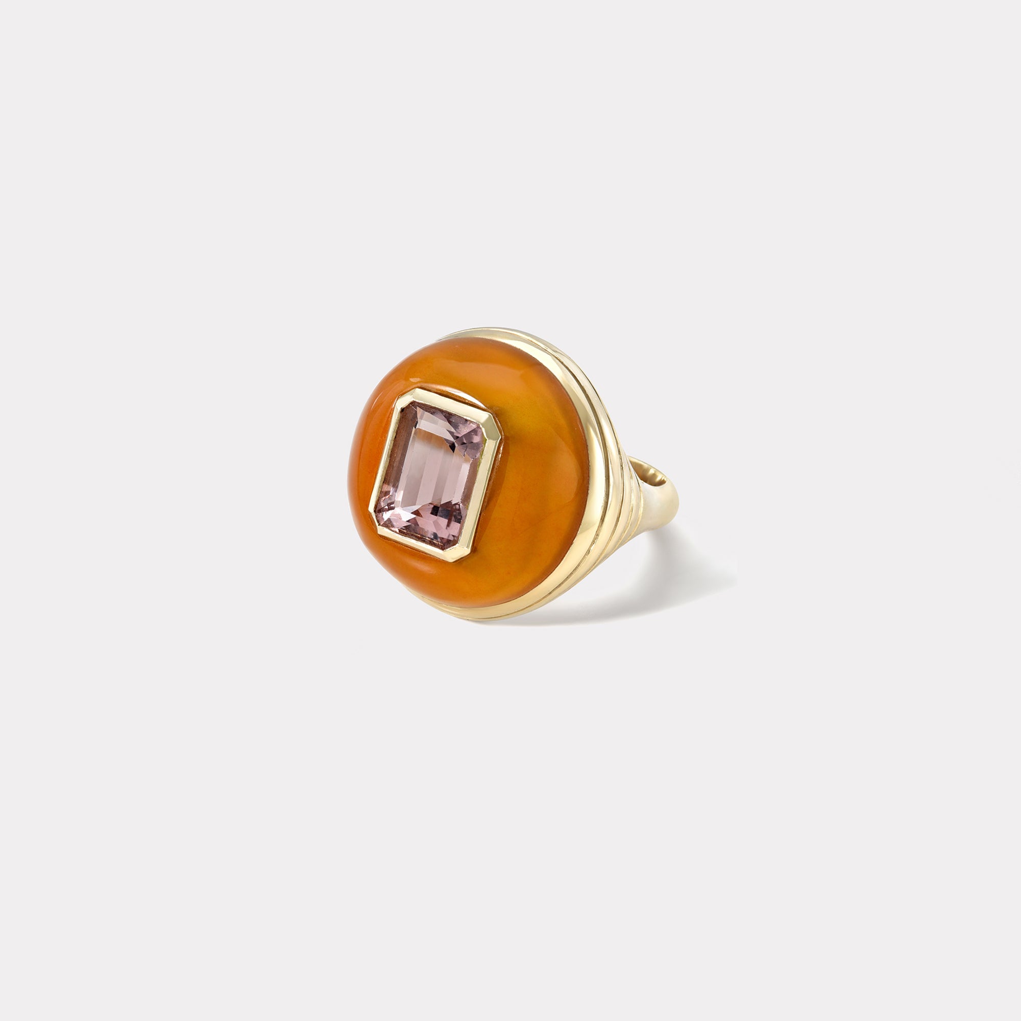 retrouvai Petite Lollipop Ring - 2.46ct Emerald Cut Pink Tourmaline in Hand Carved Carnelian