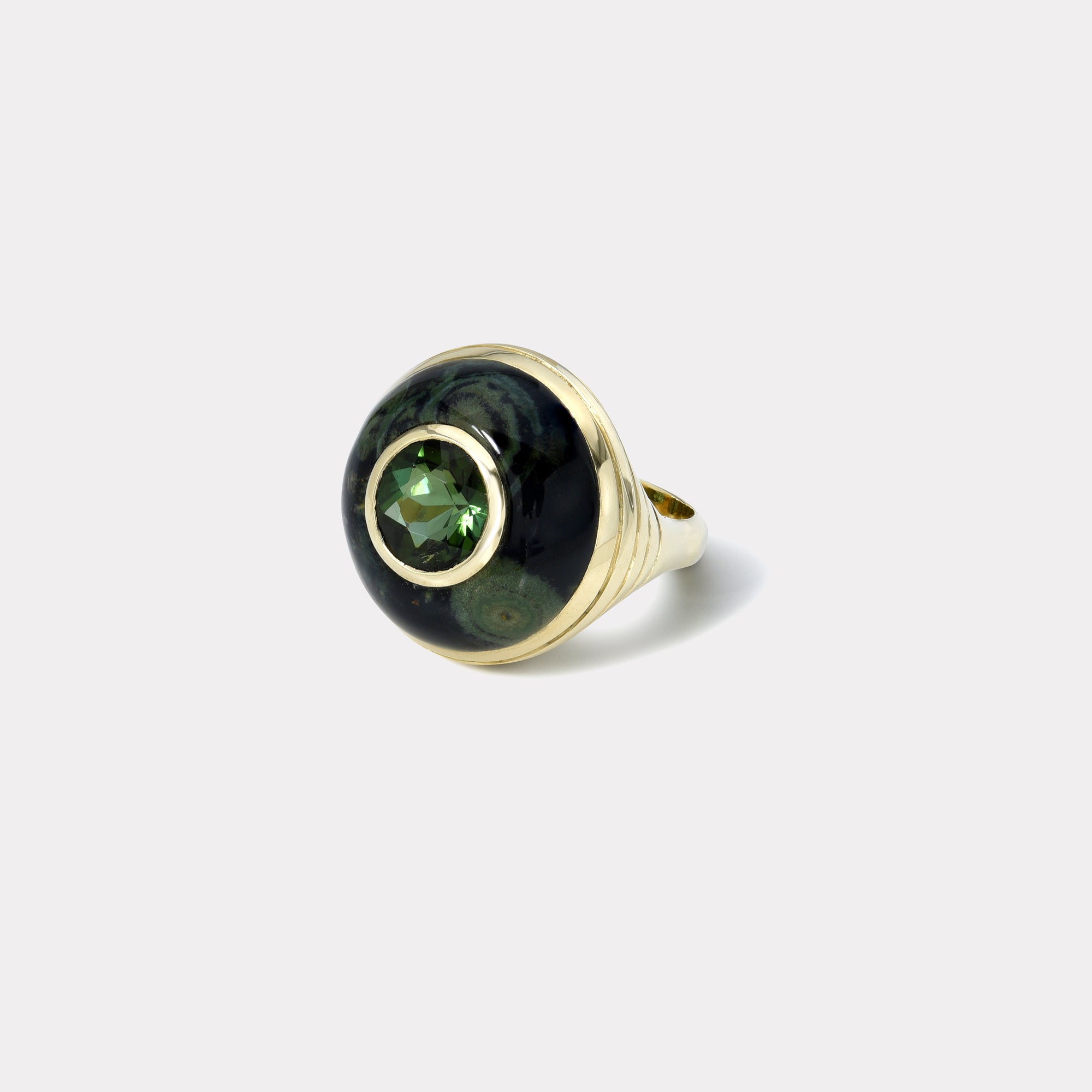 retrouvai Petite Lollipop Ring - 2.53ct Round Green Tourmaline in Hand Carved Spotted Green Jasper