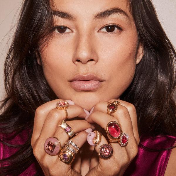 Retrouvai Petite Lollipop Ring - 2.54ct Pear Pink Tourmaline In Hand Carved Rhodonite