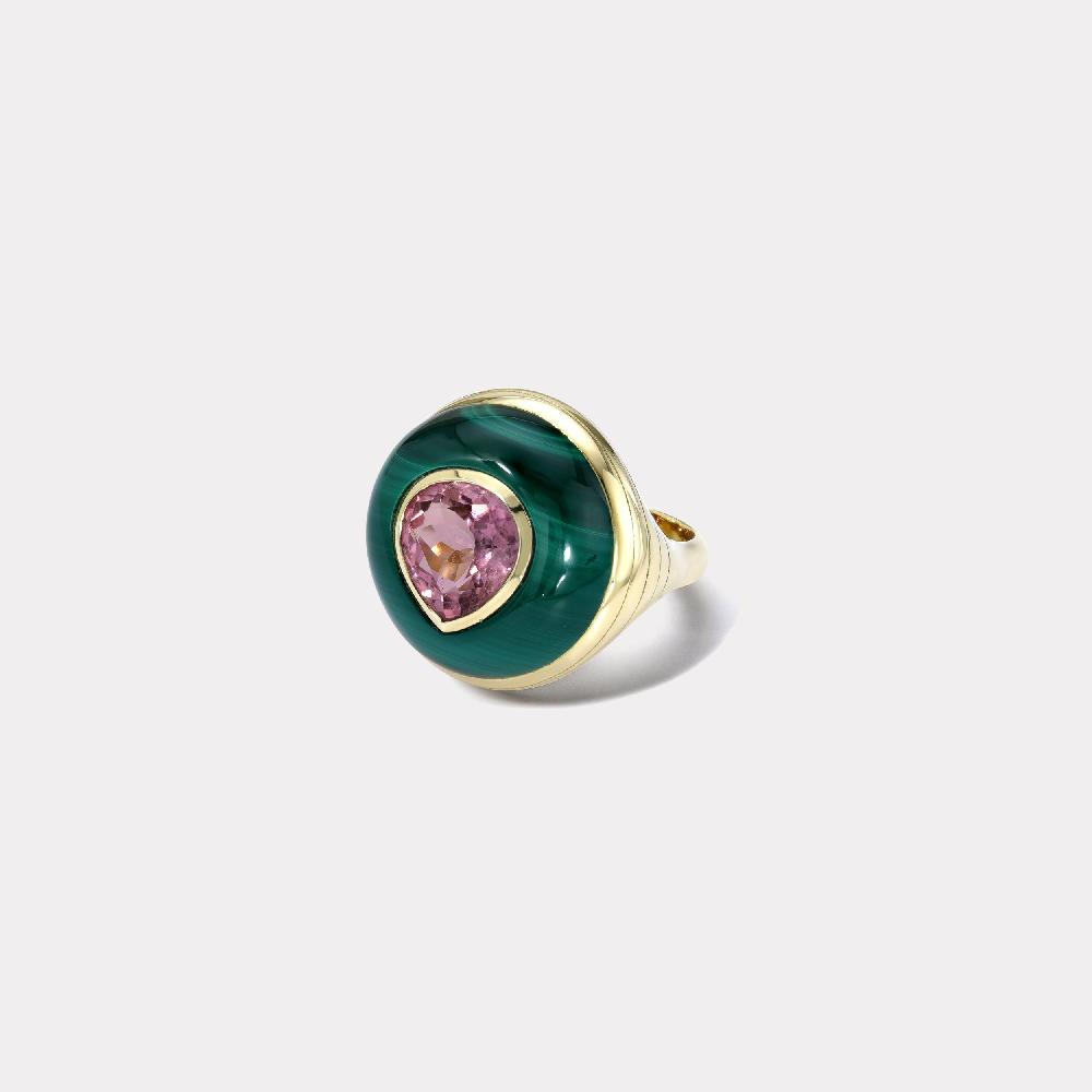 retrouvai Petite Lollipop Ring - 2.54ct Pear Pink Tourmaline in Hand Carved Malachite