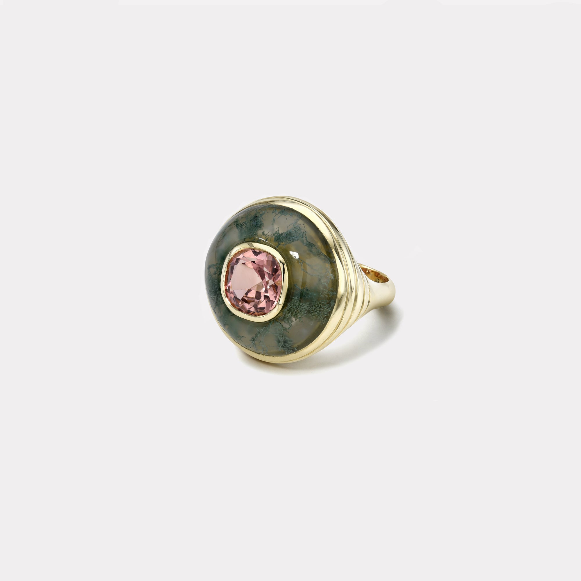retrouvai Petite Lollipop Ring - 2.54ct Pink Tourmaline Cushion in Hand Carved Moss Agate