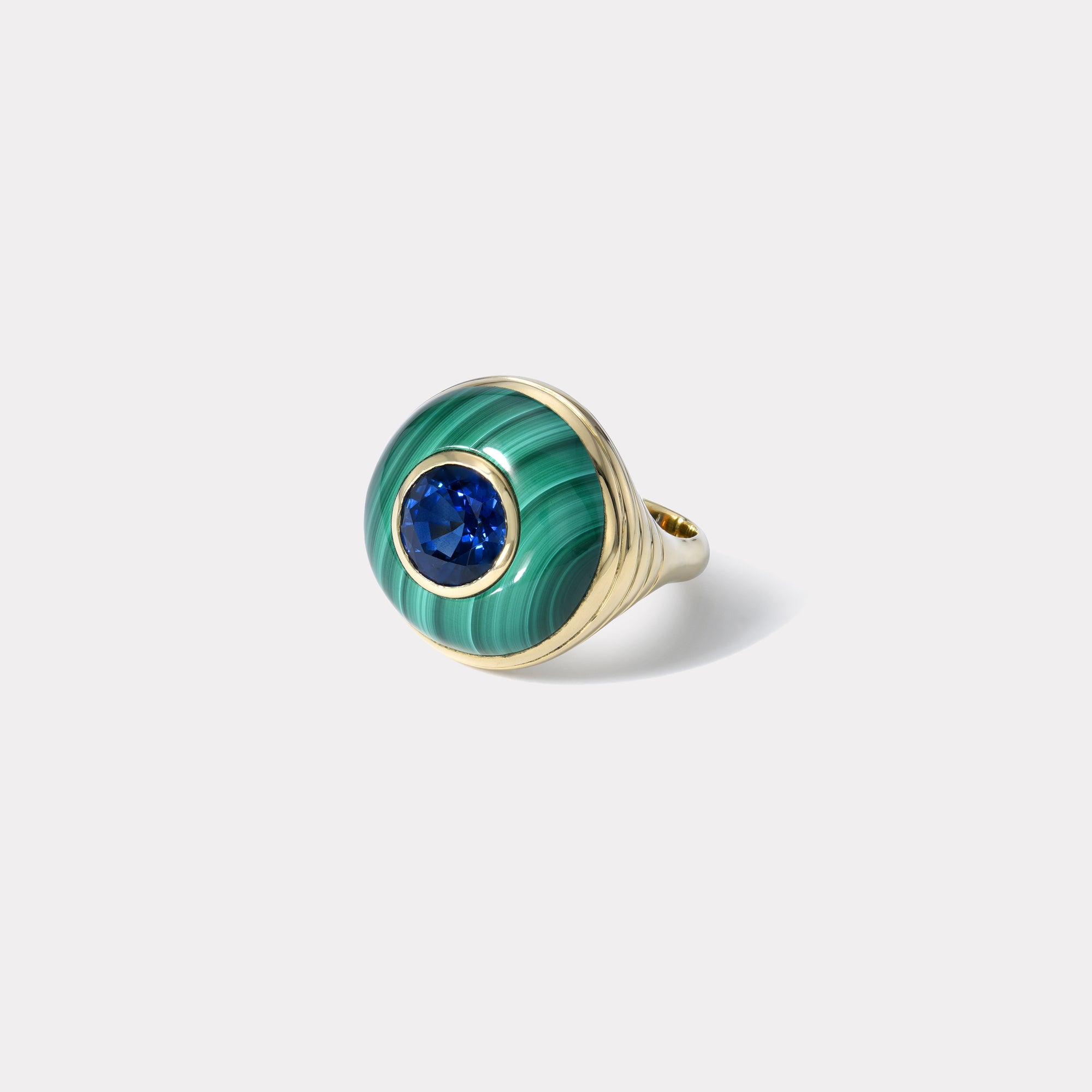 retrouvai Petite Lollipop Ring - 2.57ct Blue Sapphire in Hand Carved Malachite