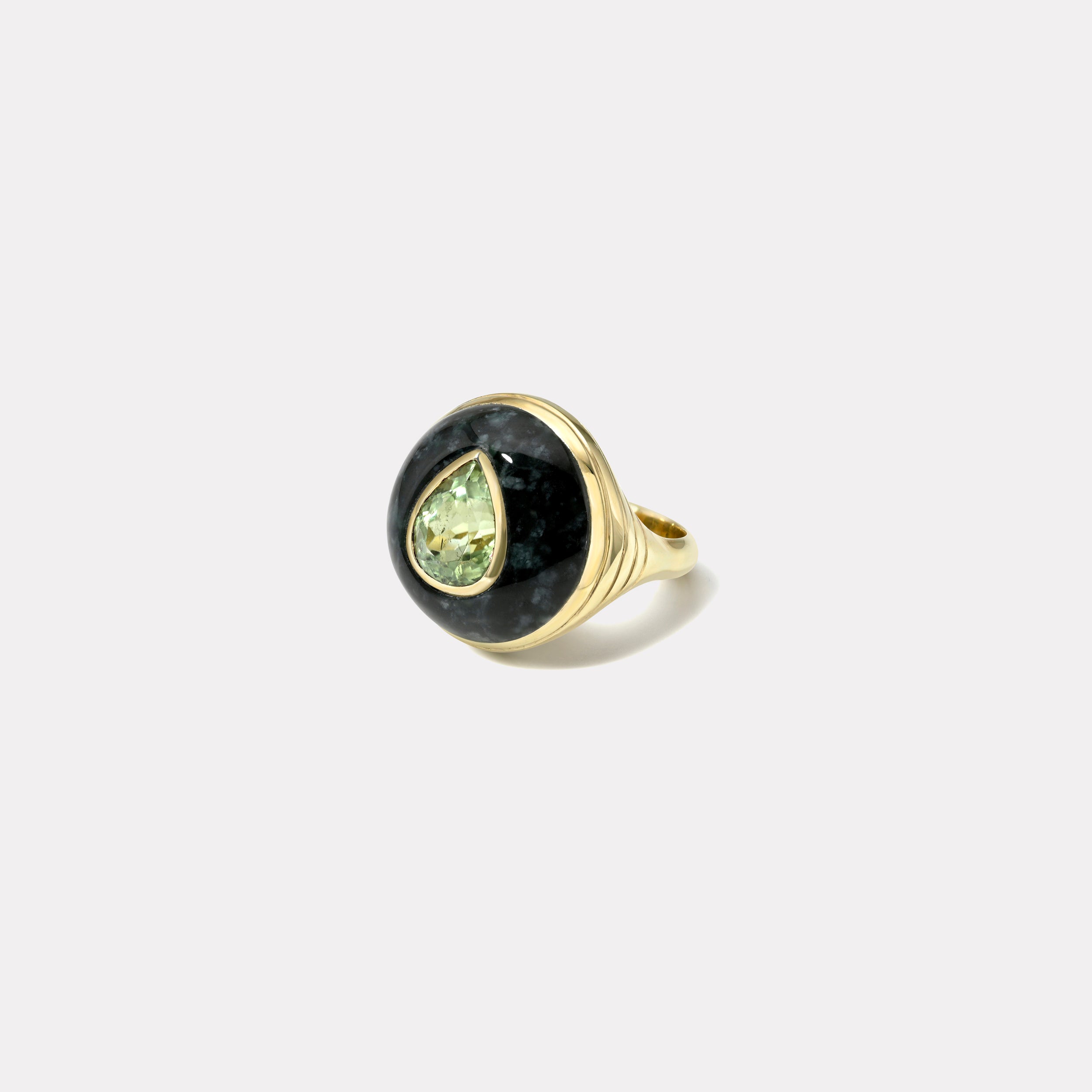 retrouvai Petite Lollipop Ring - 2.7ct Pear Green Tourmaline in Hand Carved Dark Jade