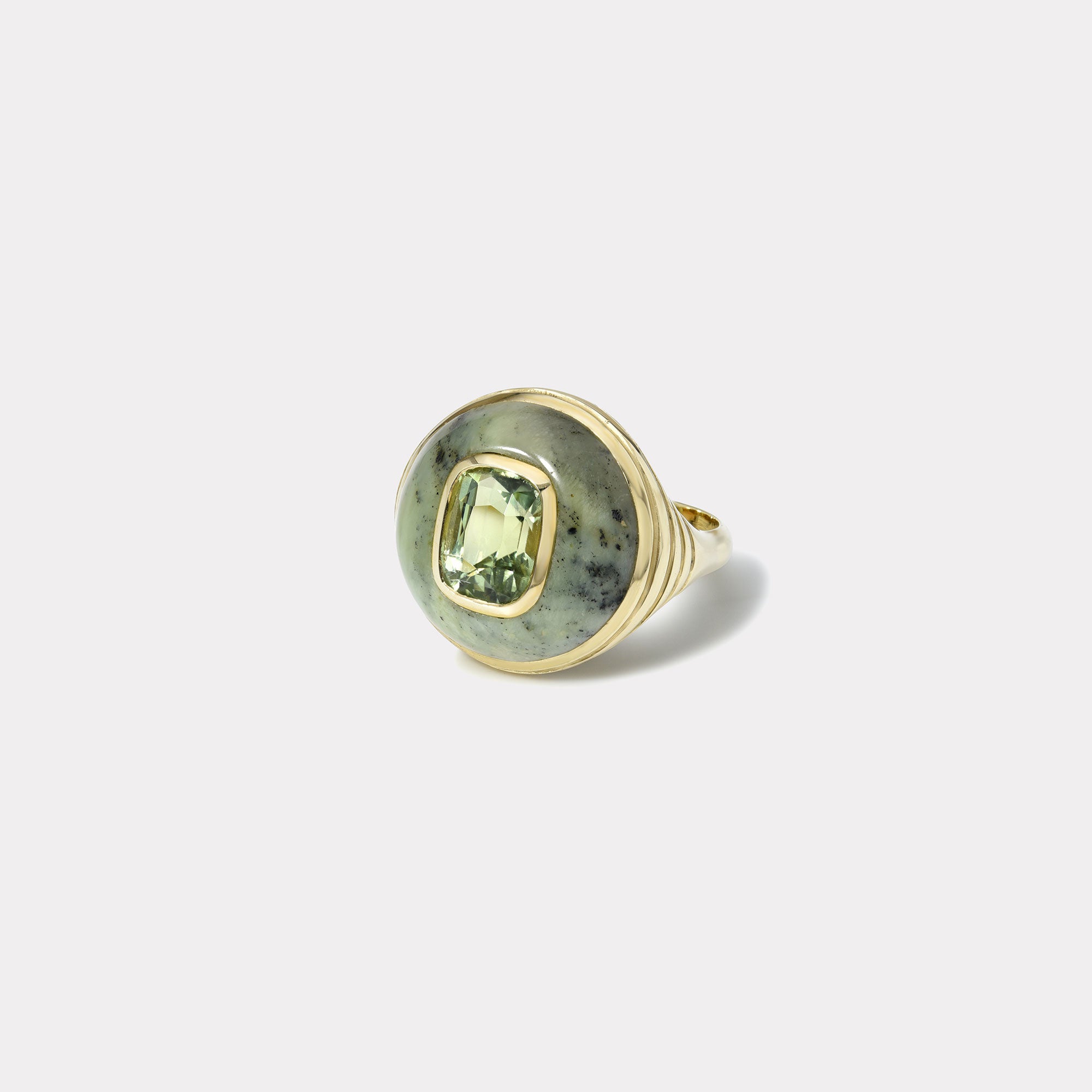 retrouvai Petite Lollipop Ring - 2.92ct Cushion Green Tourmaline in Hand Carved Green Opal