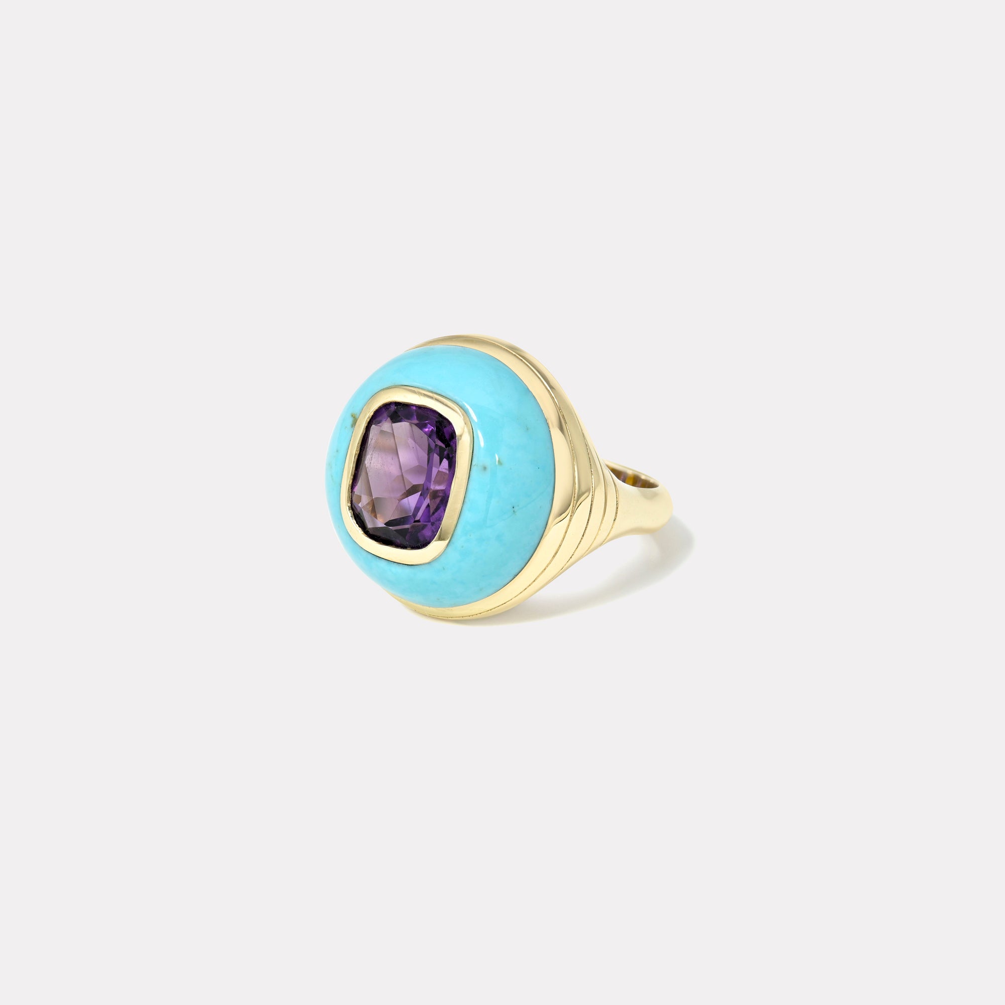 retrouvai Petite Lollipop Ring - 2.93ct Cushion Amethyst in Hand Carved Turquoise