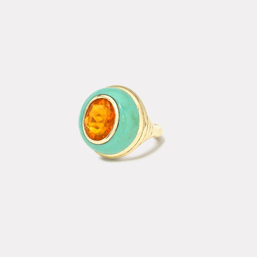retrouvai Petite Lollipop Ring - 2.9ct Oval Fire Opal in Hand Carved Green Turquoise