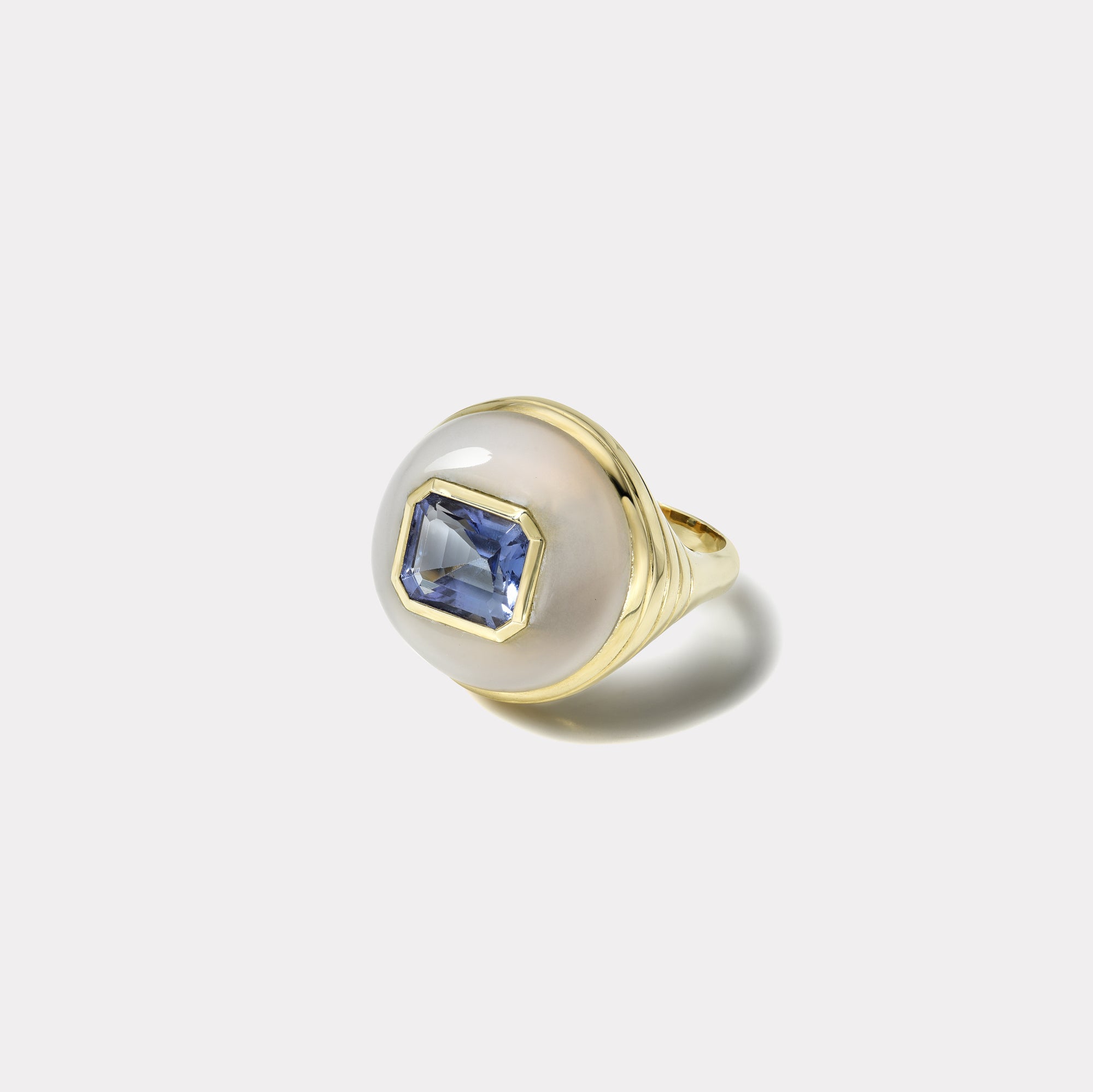 retrouvai Petite Lollipop Ring - 3.07ct Emerald Cut Tanzanite in Hand Carved Chalcedony