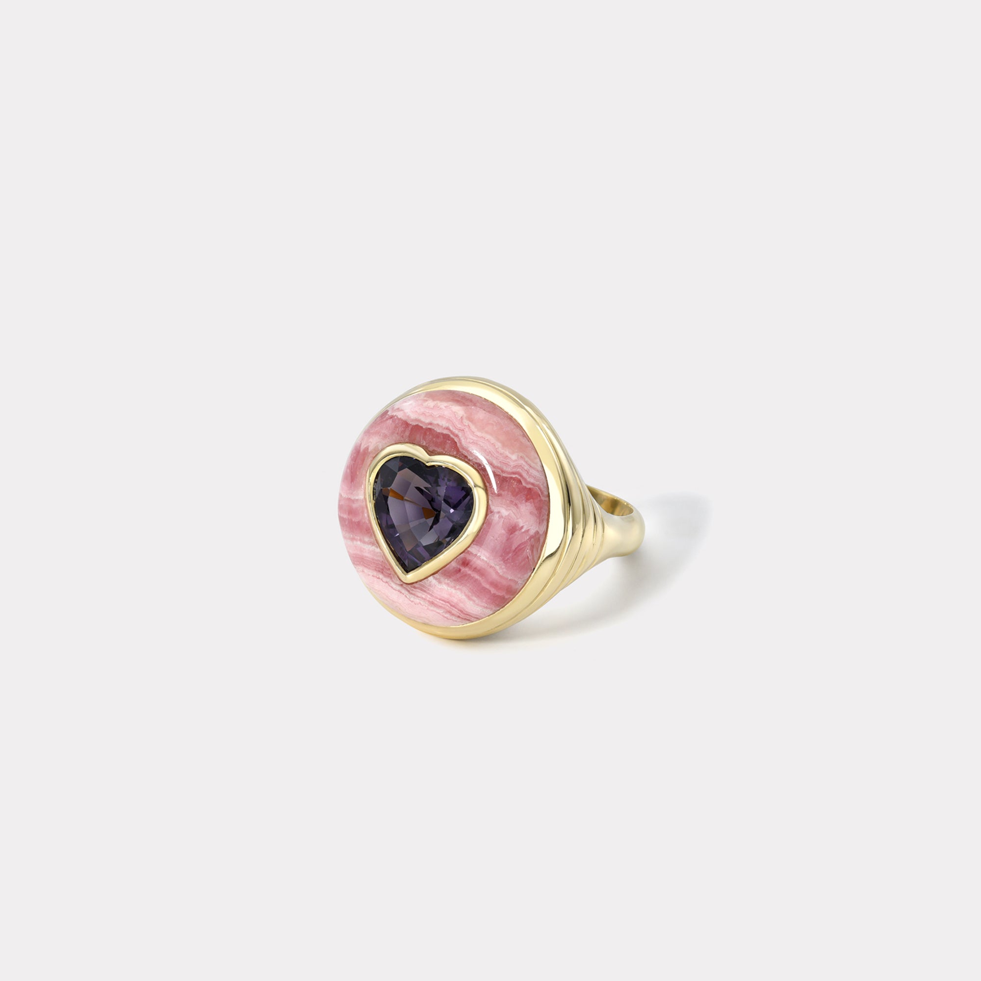 retrouvai Petite Lollipop Ring - 3.16ct Spinel Heart in Hand Carved Rhodochrosite