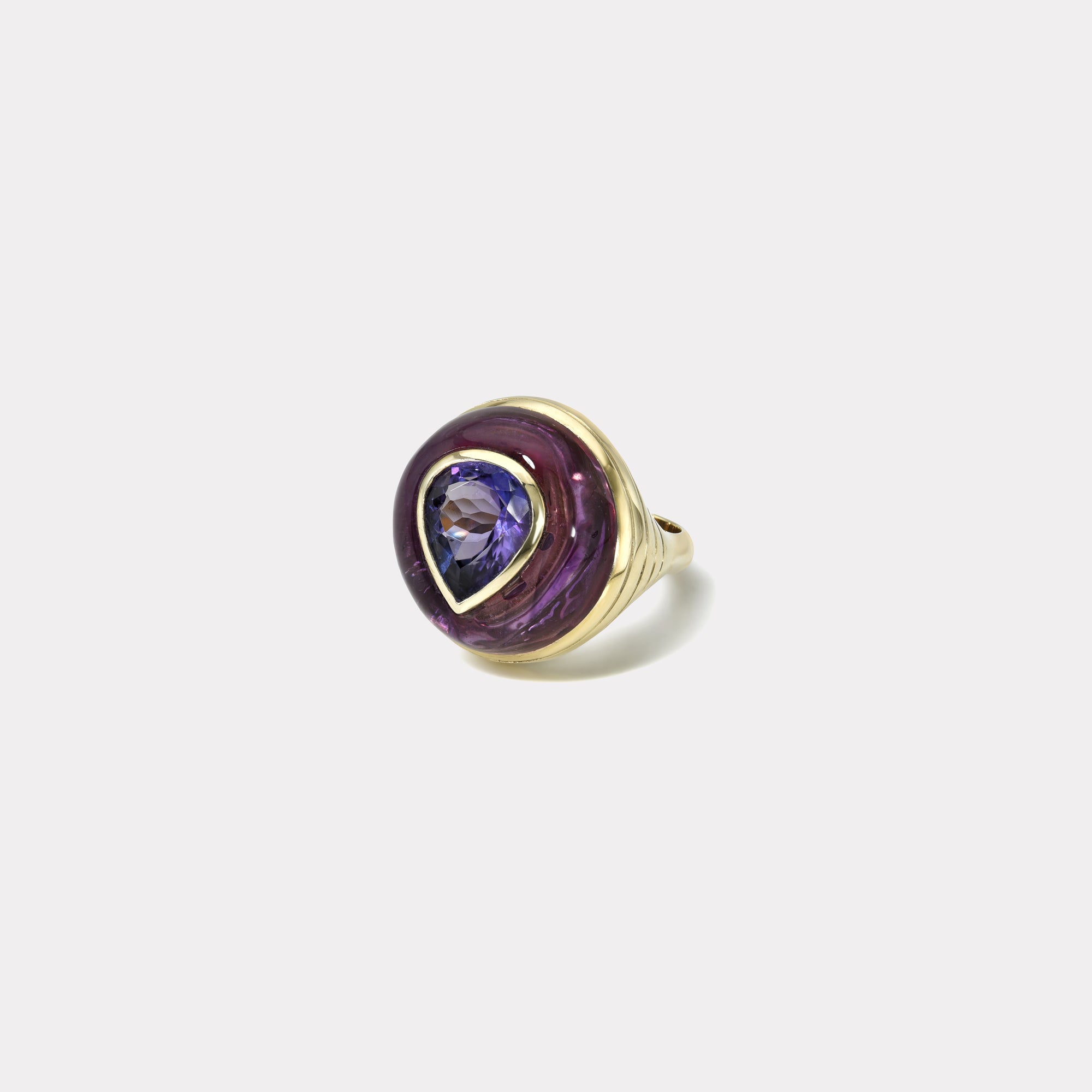 retrouvai Petite Lollipop Ring - 3.24ct Pear Tanzanite in Hand Carved Amethyst