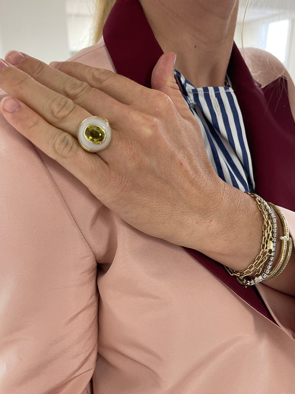 Retrouvai Petite Lollipop Ring - 3.33ct Lime Tourmaline In Hand Carved Chalcedony