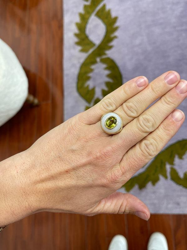 Retrouvai Petite Lollipop Ring - 3.33ct Lime Tourmaline In Hand Carved Chalcedony