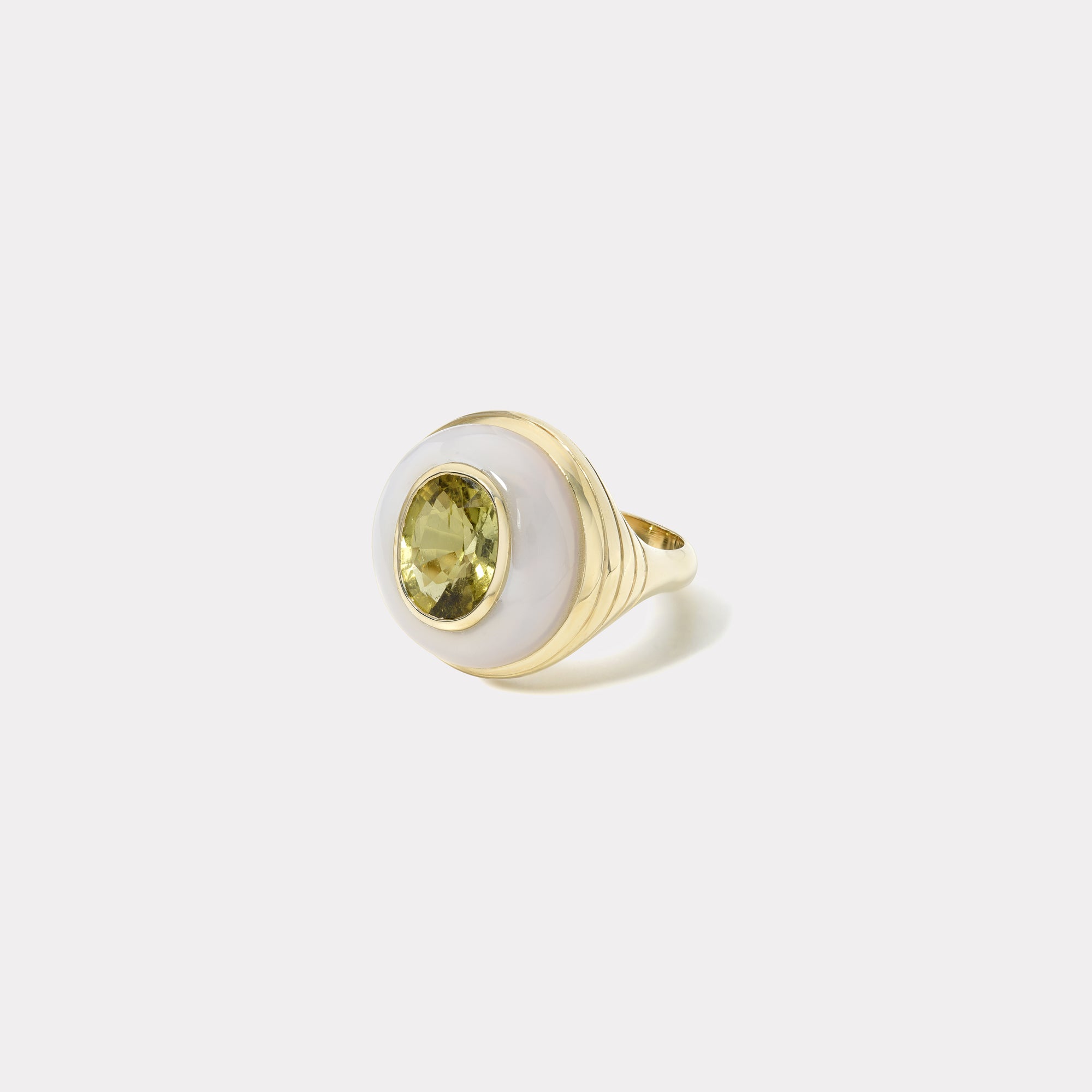 retrouvai Petite Lollipop Ring - 3.33ct Lime Tourmaline in Hand Carved Chalcedony