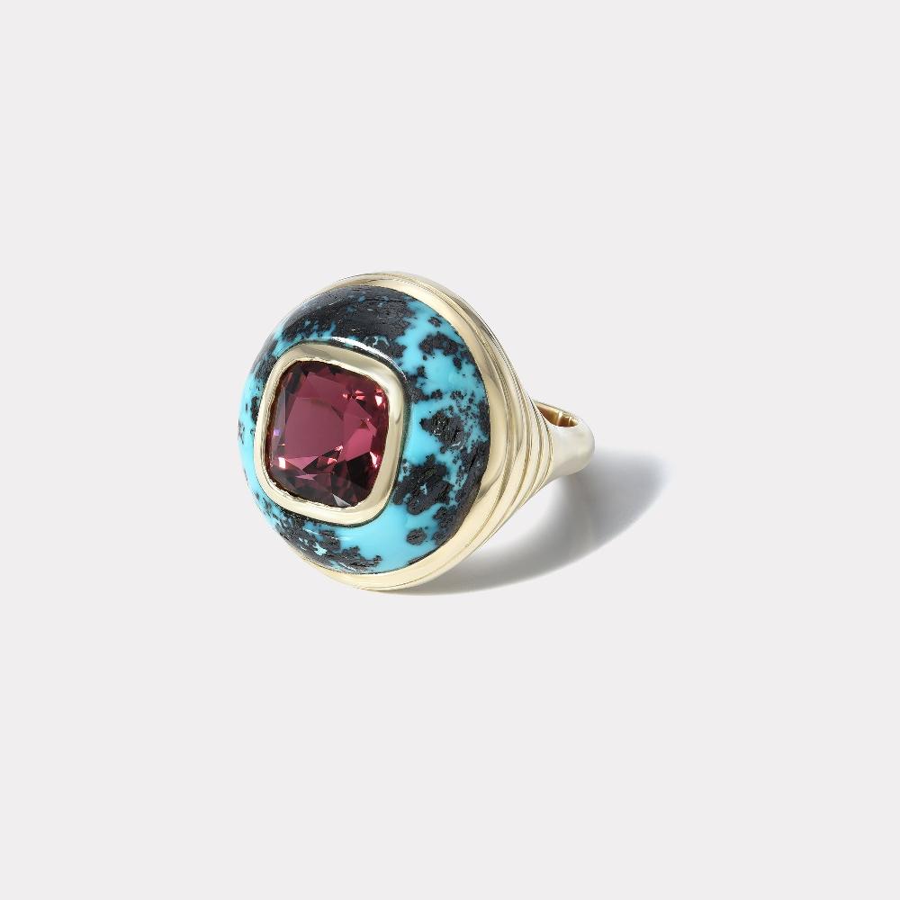 retrouvai Petite Lollipop Ring - 3.43ct Red Tourmaline in Hand Carved Turquoise