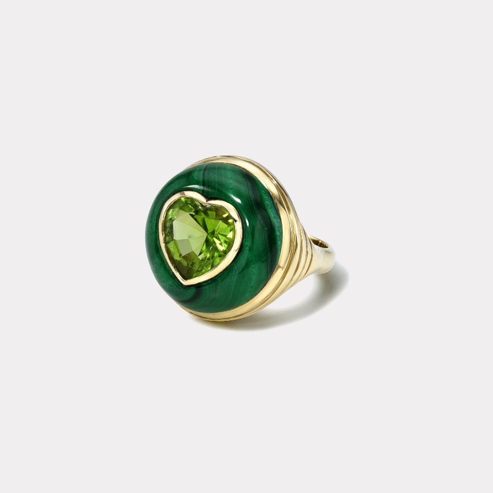 retrouvai Petite Lollipop Ring - 3.4ct Heart Peridot in Hand Carved Malachite