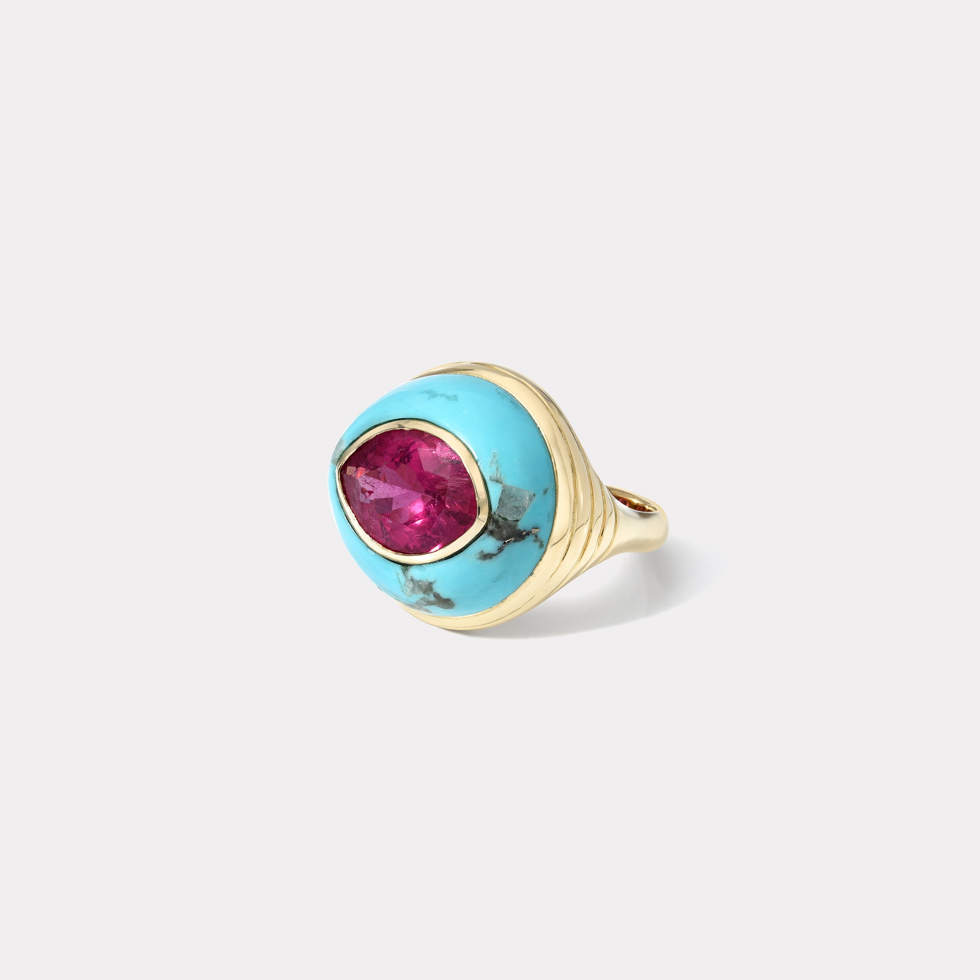 retrouvai Petite Lollipop Ring - 3.57ct Marquise Rubellite in Hand Carved Turquoise