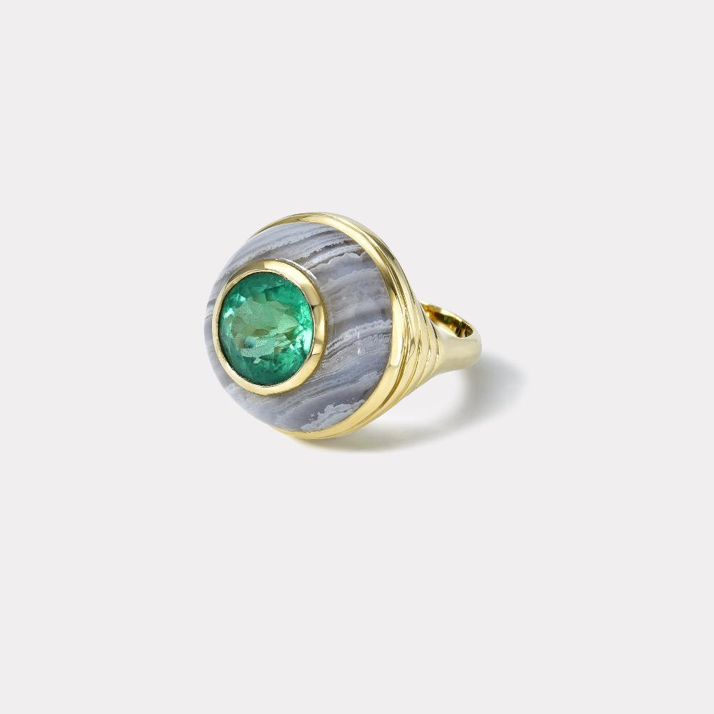 retrouvai Petite Lollipop Ring - 3.63ct Round Emerald in Hand Carved Blue Agate