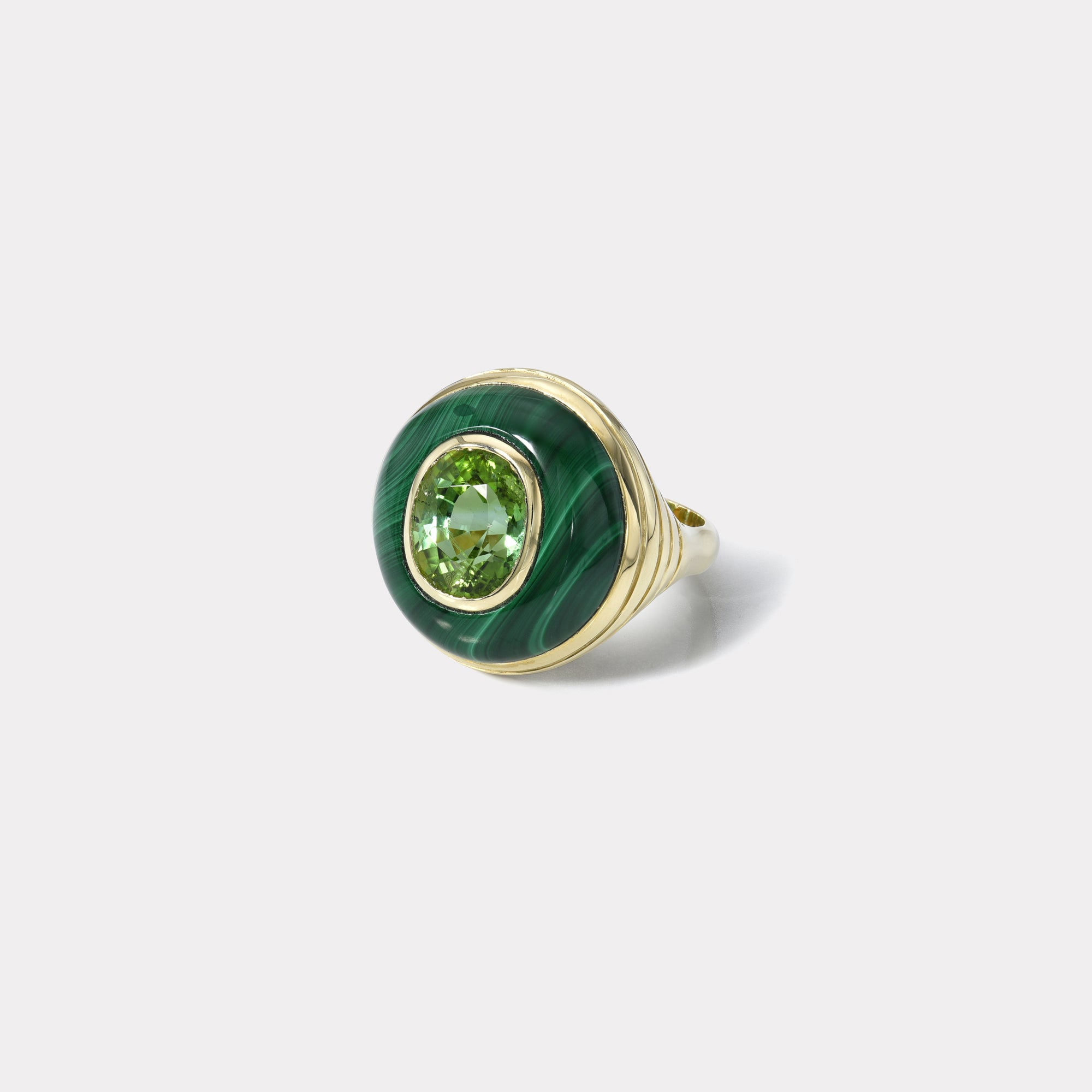 retrouvai Petite Lollipop Ring - 3.69ct Oval Green Tourmaline in Hand Carved Malachite