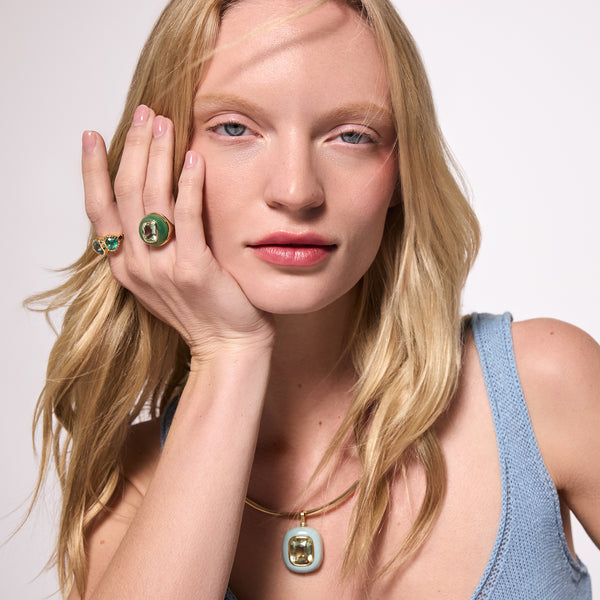 Retrouvai Petite Lollipop Ring - 3.71ct Cushion Pale Green Tourmaline In Hand Carved Aventurine