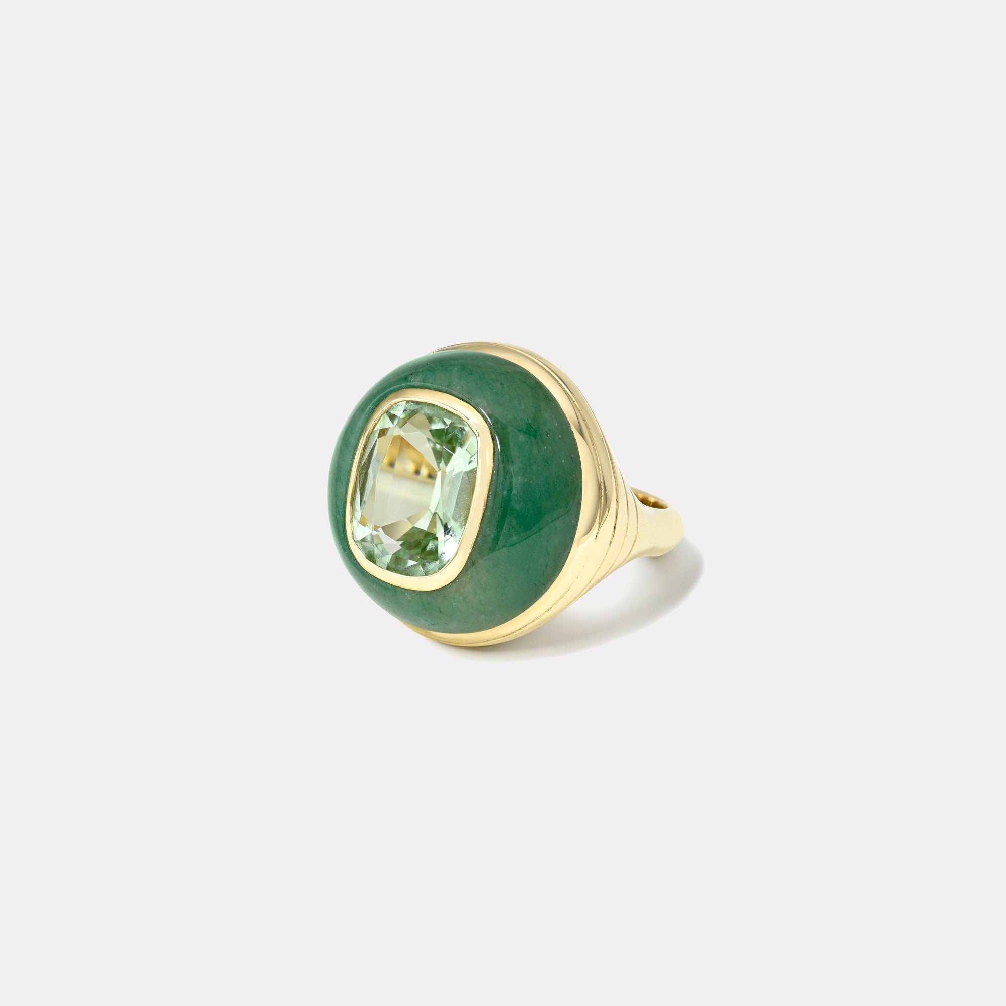 retrouvai Petite Lollipop Ring - 3.71ct Cushion Pale Green Tourmaline in Hand Carved Aventurine