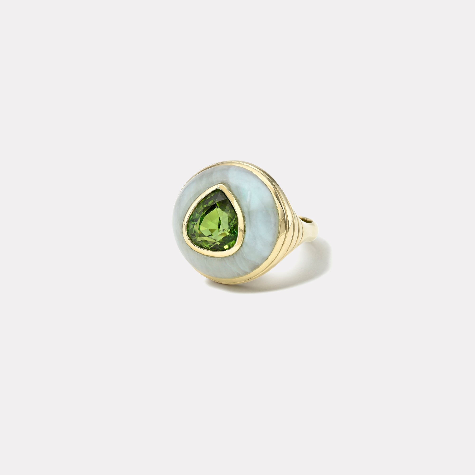 retrouvai Petite Lollipop Ring - 3.77ct Pear Green Tourmaline in Hand Carved Peruvian Opal