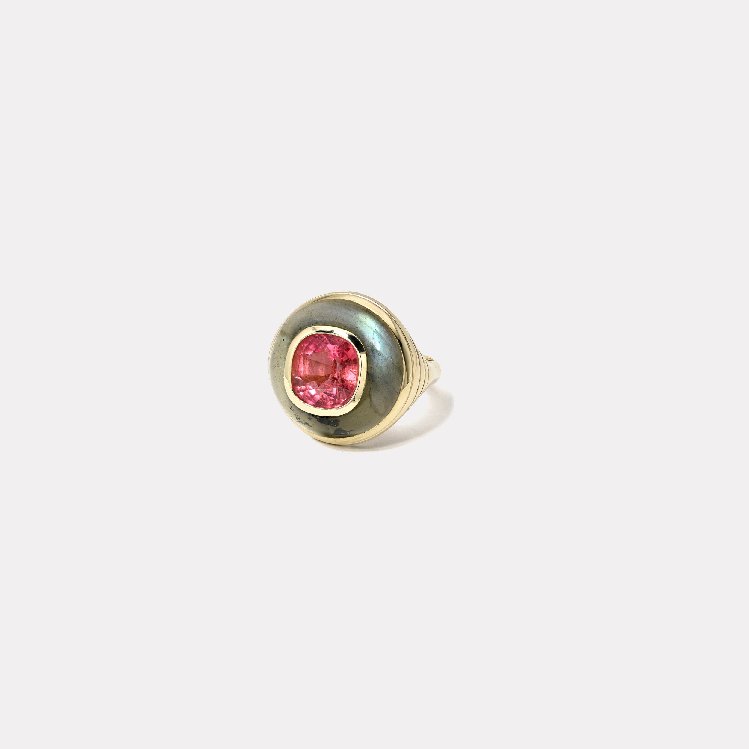 retrouvai Petite Lollipop Ring - 3.88ct Cushion Rubellite in Hand Carved Labradorite