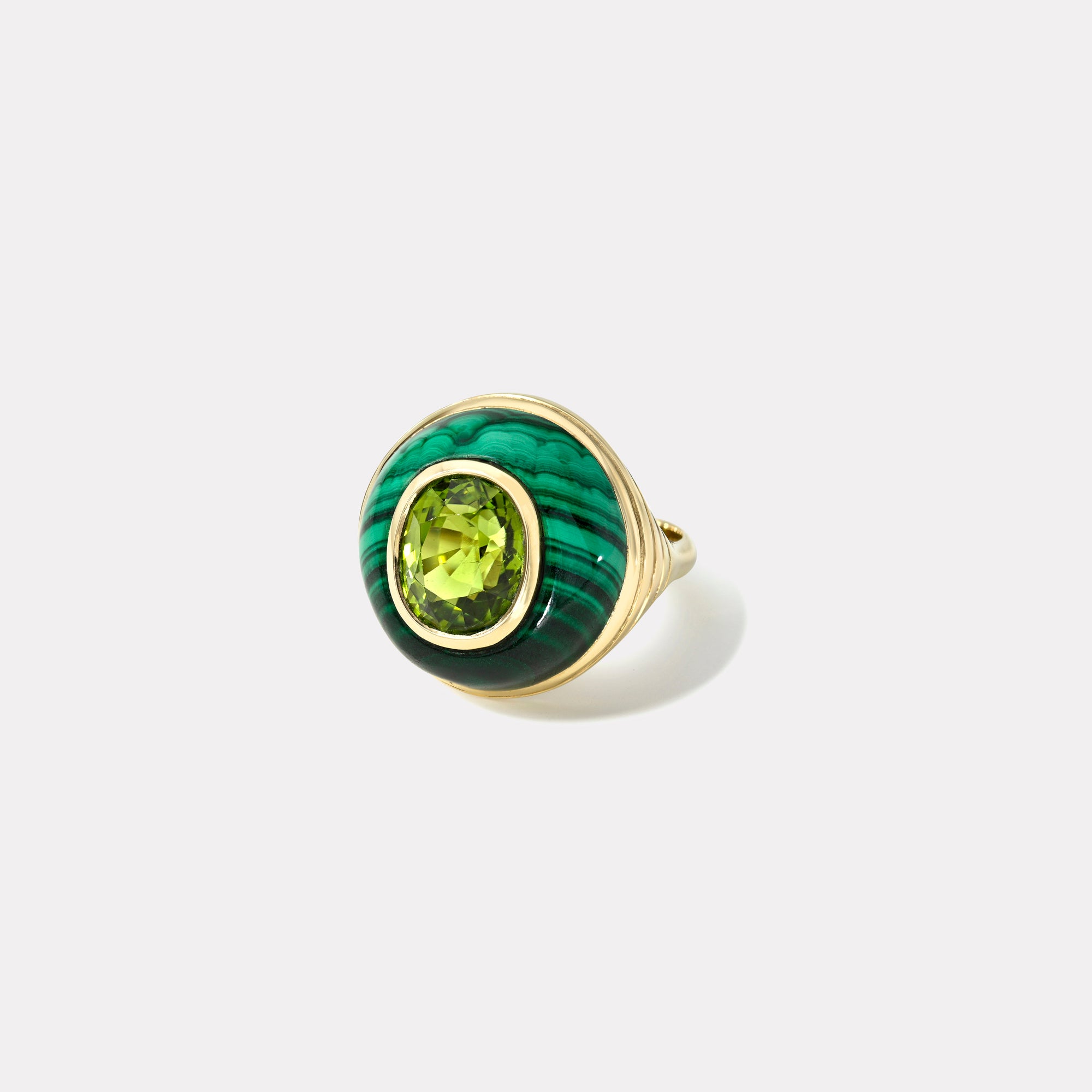 retrouvai Petite Lollipop Ring - 4.14ct Cushion Green Tourmaline in Hand Carved Malachite