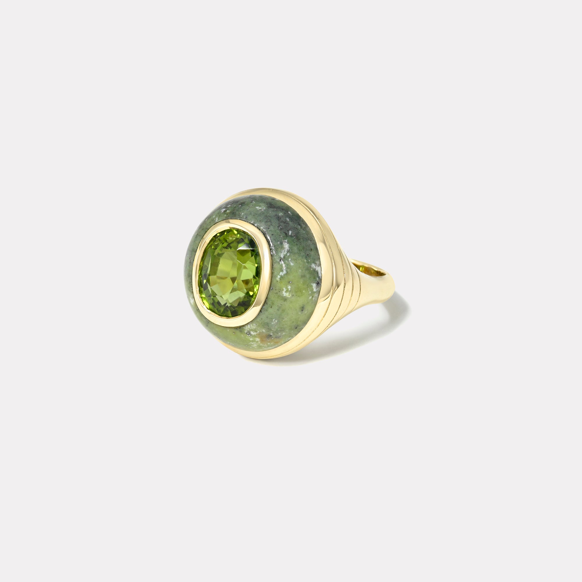 retrouvai Petite Lollipop Ring - 4.34ct Oval Green Tourmaline in Hand Carved Green Opal
