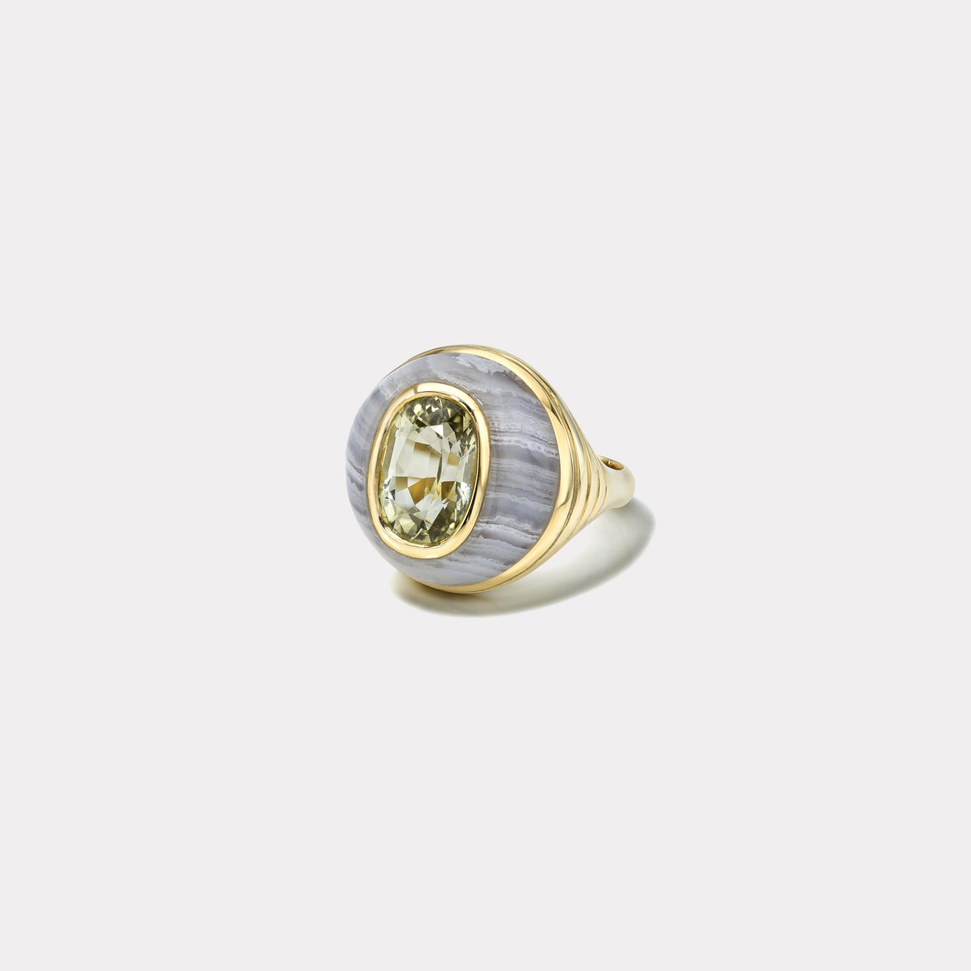 retrouvai Petite Lollipop Ring - 5.02ct Oval Yellow Tourmaline in Hand Carved Blue Agate