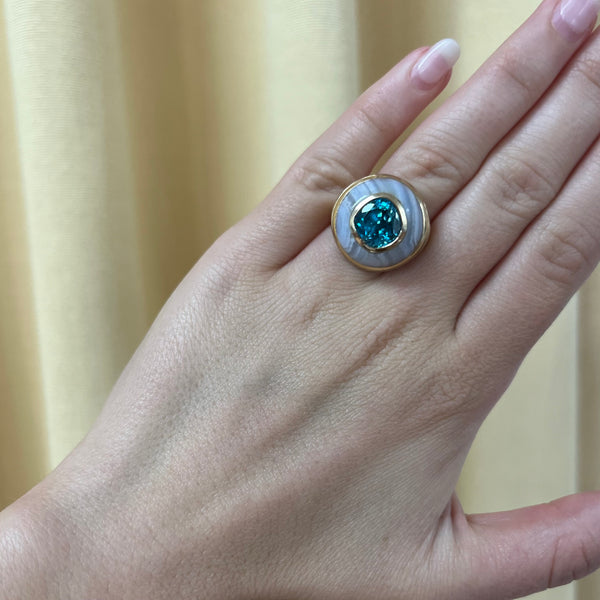 Retrouvai Petite Lollipop Ring - 5.97ct Cushion Zircon In Hand Carved Blue Agate