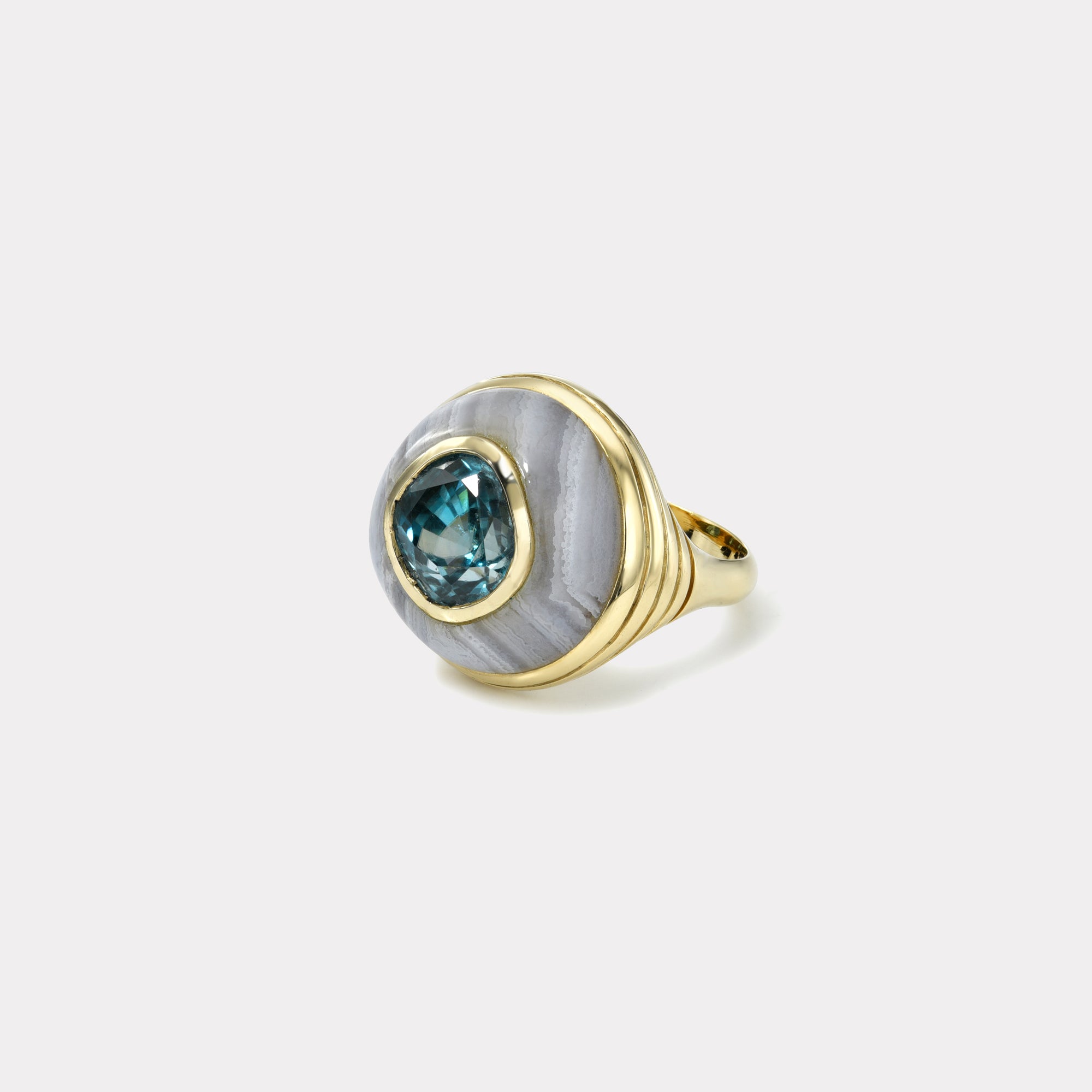 retrouvai Petite Lollipop Ring - 5.97ct Cushion Zircon in Hand Carved Blue Agate