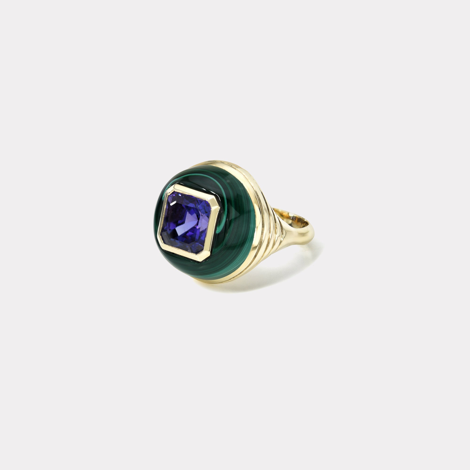 retrouvai Petite Lollipop Ring - 5.98ct Square Emerald Cut Tanzanite in Hand Carved Malachite