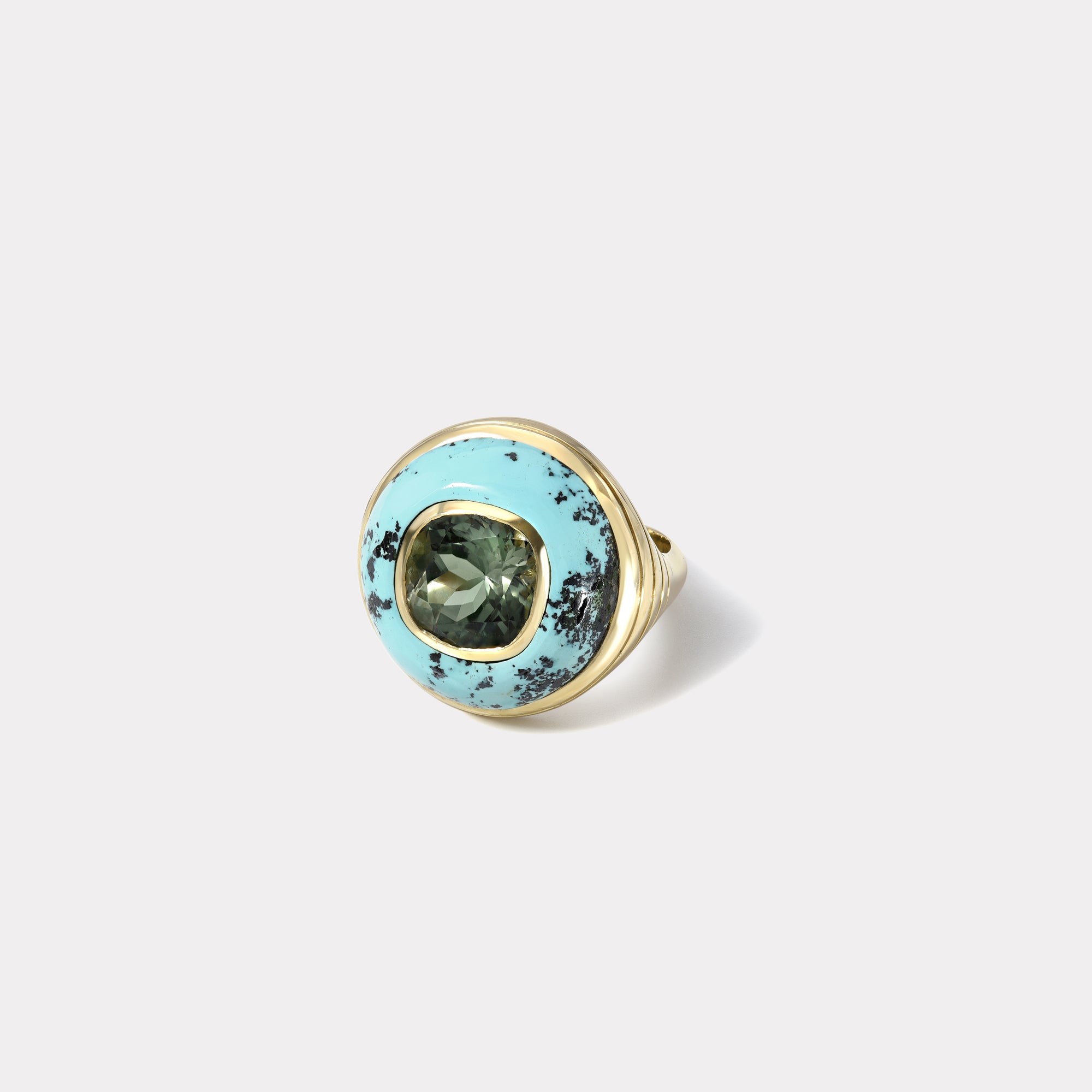 retrouvai Petite Lollipop Ring - Cushion Cut Pale Green Tourmaline in Hand Carved Turquoise