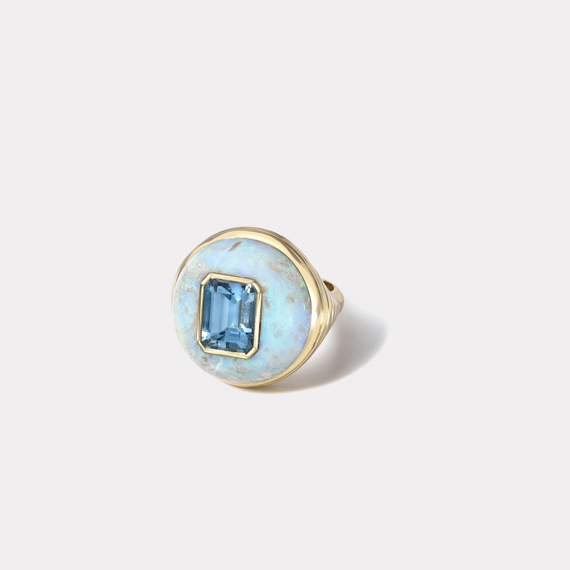 retrouvai Petite Lollipop Ring - Emerald Cut Aquamarine in Hand Carved Australian Opal