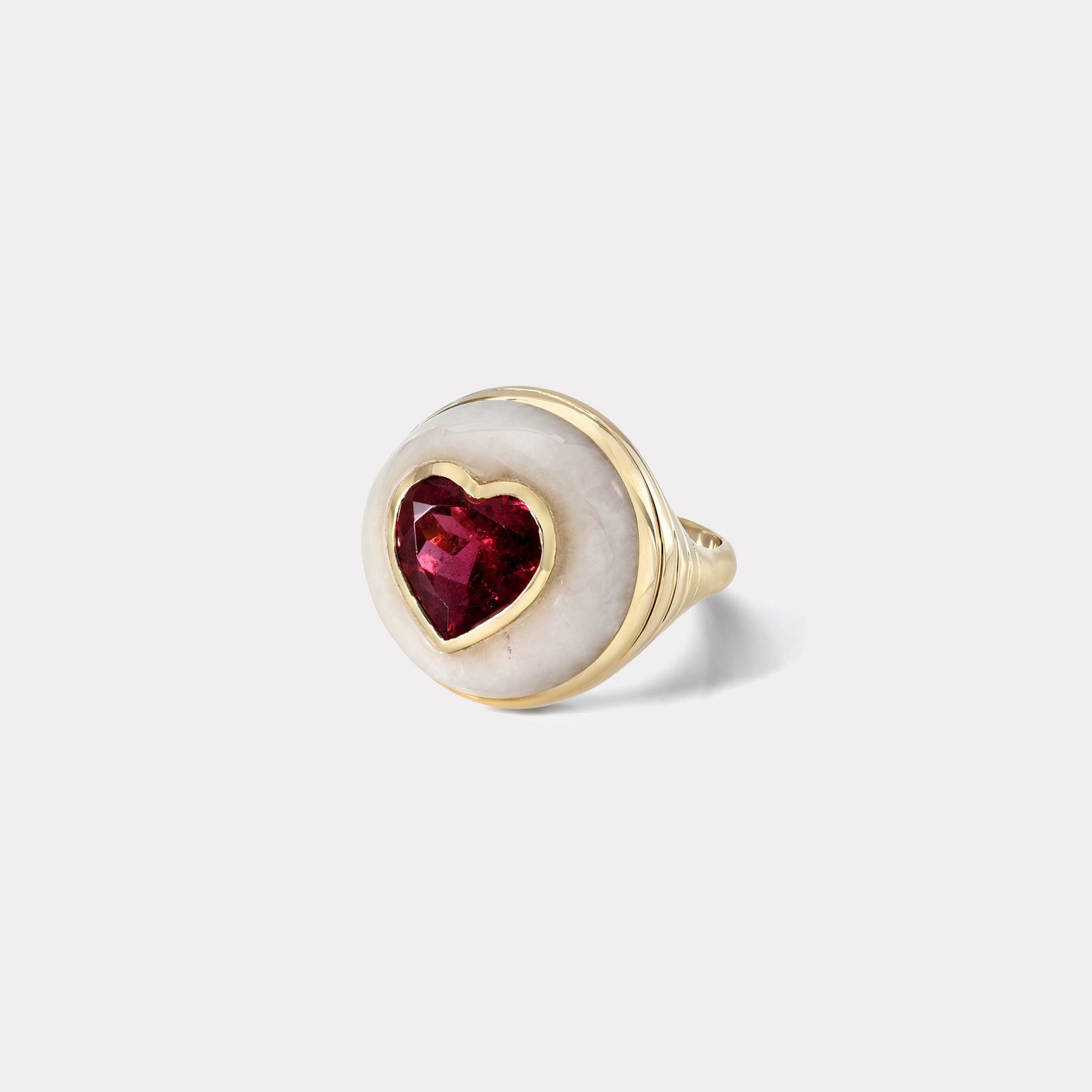 retrouvai Petite Lollipop Ring - Rubellite Heart in Hand Carved White Quartz