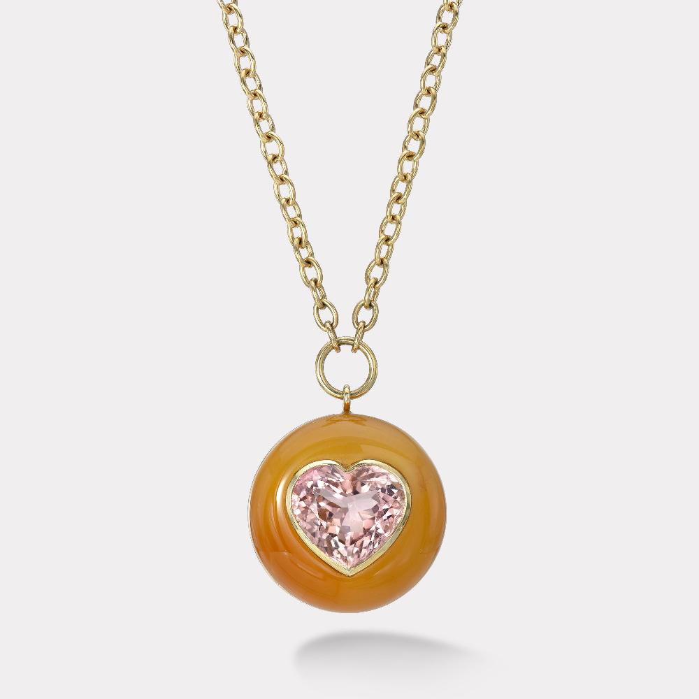 retrouvai Pink Tourmaline Heart in Hand Carved Carnelian Lollipop Pendant