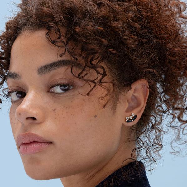 Retrouvai Black Onyx Crested Inlay Diamond Studs