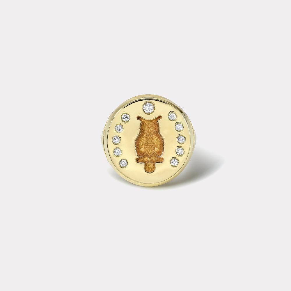 retrouvai Owl Fantasy Signet Ring with Diamonds