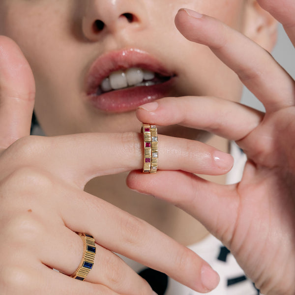 Retrouvai Pleated Five Stone Band - Carre Cut Rubies