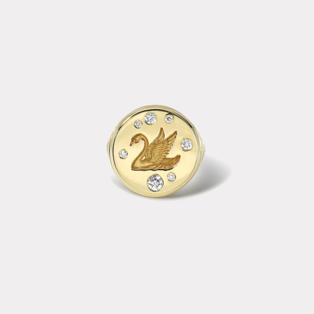 retrouvai Swan Fantasy Signet Ring with Diamonds