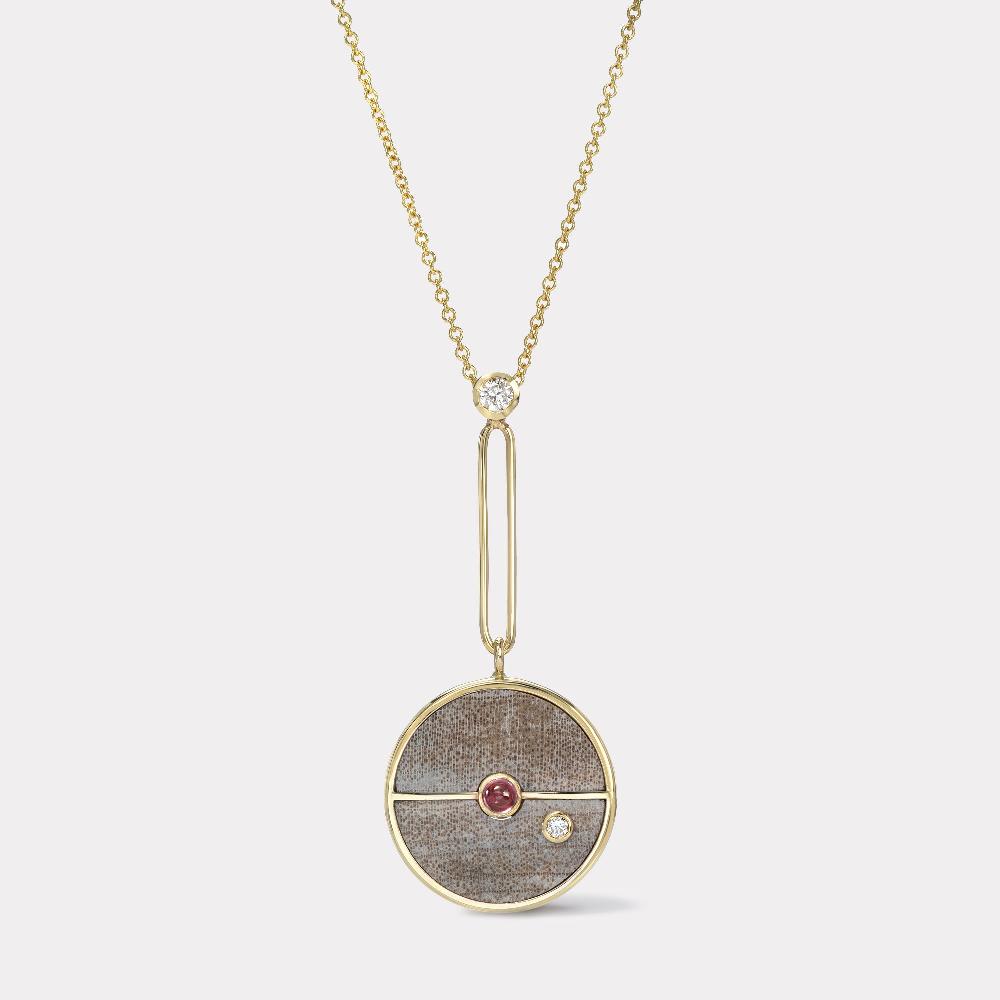 retrouvai Signature Compass Pendant with Petrified Wood and Rhodolite Garnet
