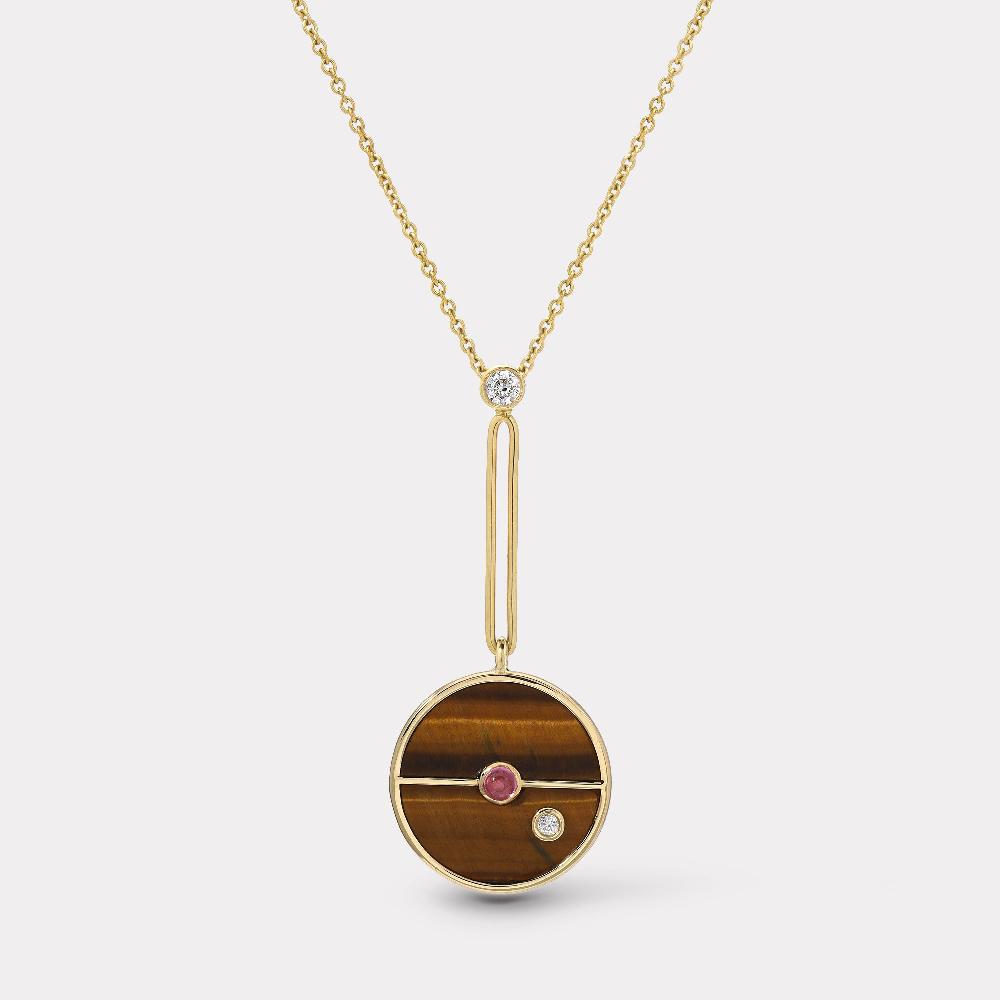 retrouvai Signature Compass Pendant with Tigers Eye and Pink Spinel