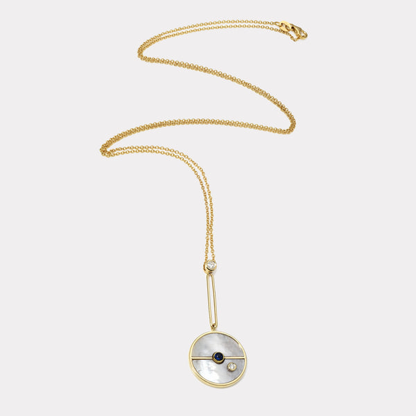 Retrouvai Signature Compass Pendant With White Mother Of Pearl And Blue Sapphire