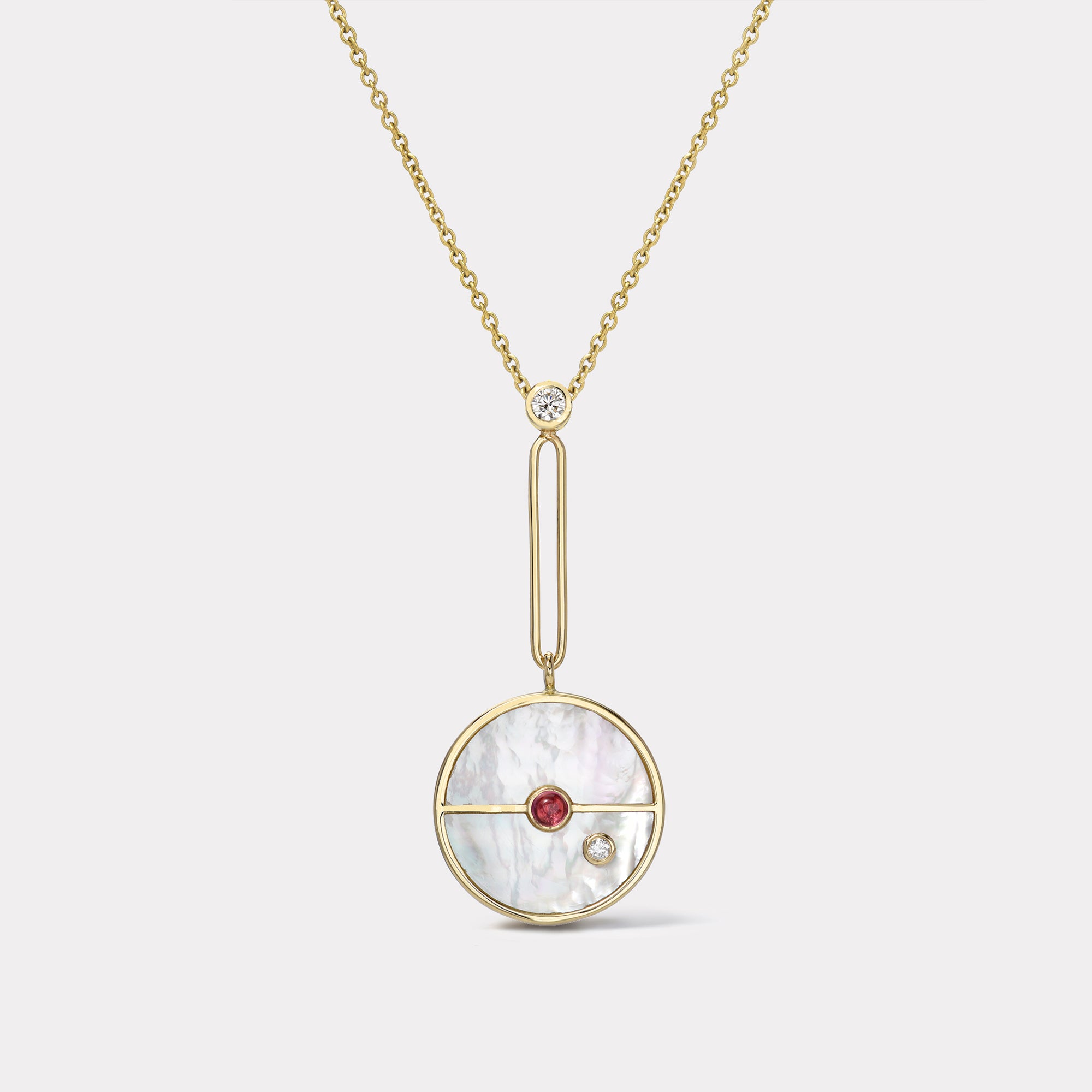 retrouvai Signature Compass Pendant with White Mother of Pearl and Pink Spinel