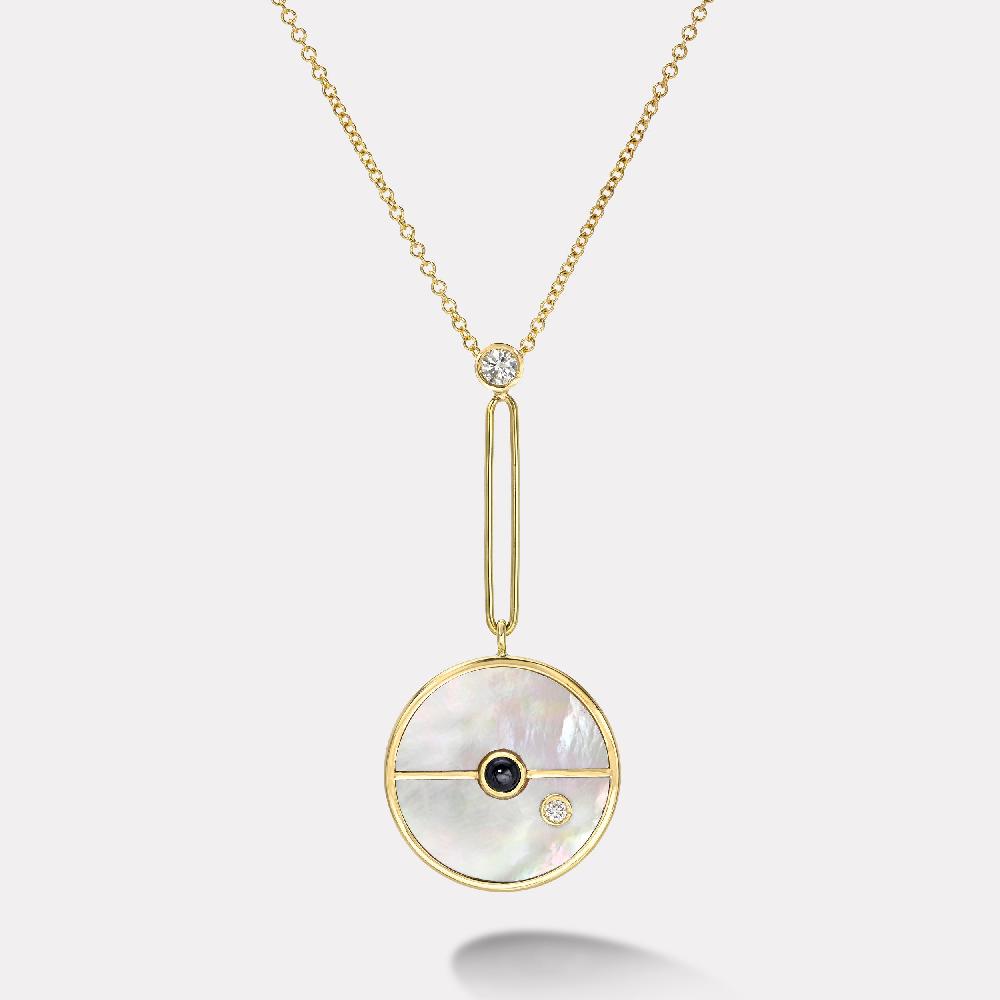 retrouvai Signature Compass Pendant with White Mother of Pearl and Blue Sapphire