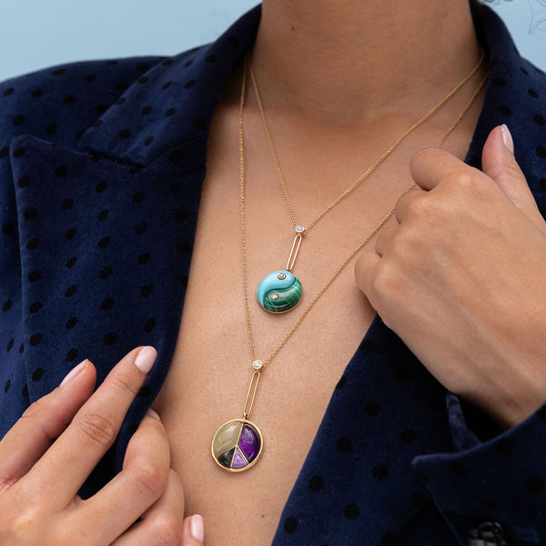 Retrouvai Signature Peace Sign Pendant With Aquamarine Double Amethyst And Spotted Green Jasper