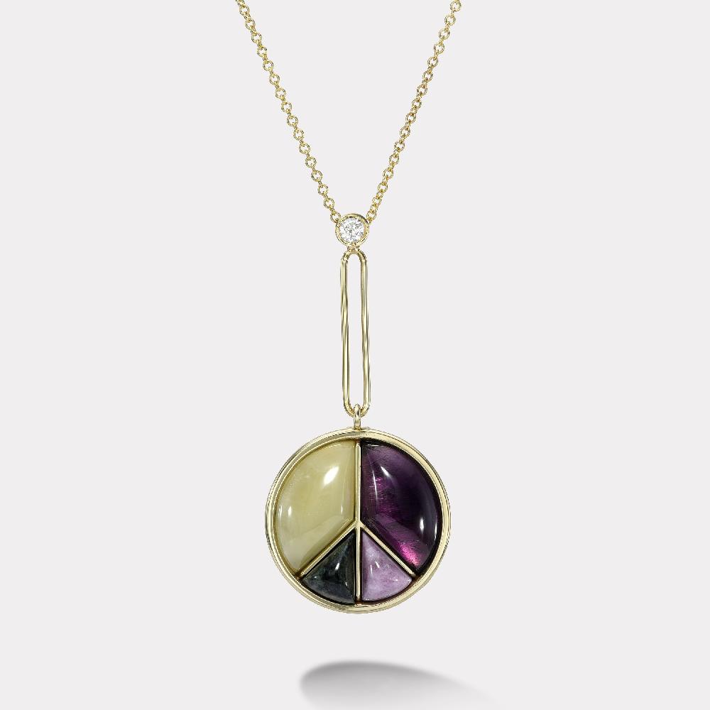 retrouvai Signature Peace Sign Pendant with Aquamarine Double Amethyst and Spotted Green Jasper